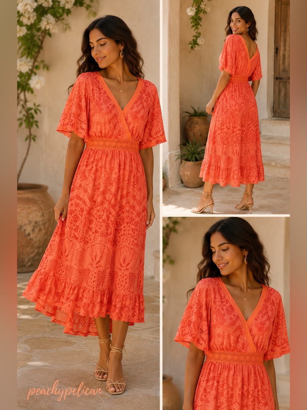 Anthropologie Farm Rio Devore Lace Pink and Orange Maxi Dress V-Neck Small